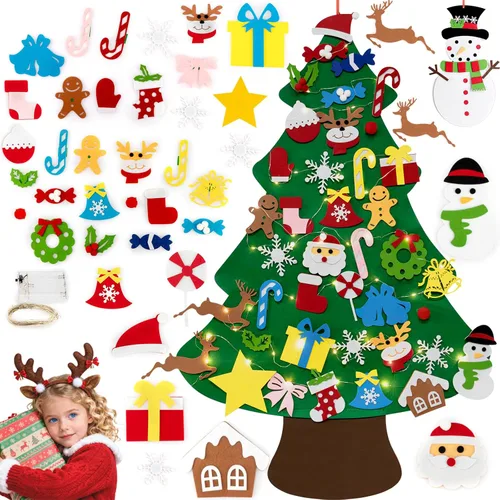 TonJin Juego de árbol de Navidad de fieltro para niños pequeños con cadena de luces LED de 16.4 ft/16.4 pies, 3.2 pies/38.6 in para colgar en la