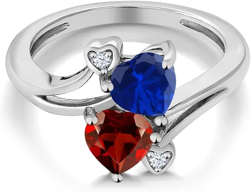 Miniatura 2 de Gem Stone King Anillo de plata de ley 925 con zafiro creado en azul y granate rojo para mujer