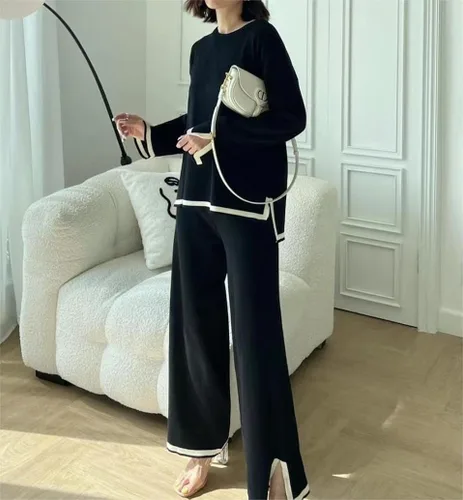 Miniatura 5 de VELISDE Conjunto de 2 piezas de suéter para mujer, conjunto de punto de manga larga, sin botones, pantalones de pierna ancha