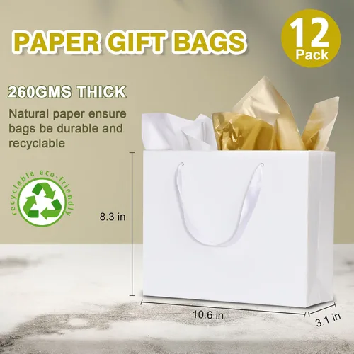 Miniatura 2 de Paquete de 12 bolsas de regalo de tamaño mediano con asas de cinta y papel de seda, bolsas de regalo blancas para compras, pequeñas empresas
