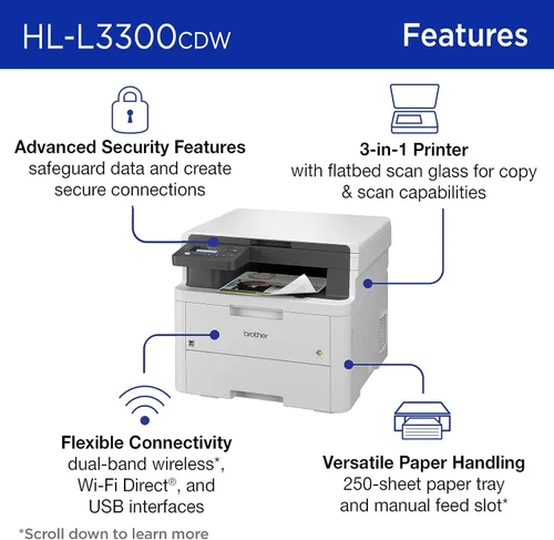 Miniatura 3 de Brother HL-L3300CDW Impresora multifunción digital inalámbrica a color con salida de calidad láser, copia y escaneo, dúplex, móvil Incluye prueba