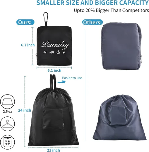Miniatura 2 de 2 piezas de bolsas de lavandería de viaje JHX, organizador de ropa sucia【Actualizado】con asas y mosquetón de aluminio para viajes, campamento, Negro
