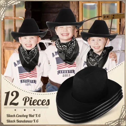 Miniatura 2 de Unittype Juego de 12 sombreros de vaquero para niños, sombrero de vaquera occidental y bandanas de poliéster para niños y niñas, disfraces