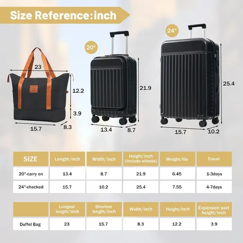 Miniatura 2 de Merax Juegos de equipaje de mano en maleta aprobada por aerolíneas, estuche rígido con ruedas giratorias expandibles, Negro