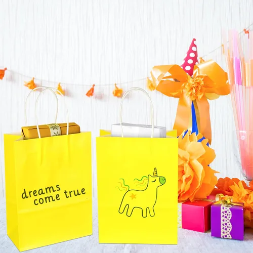 Miniatura 3 de BLEWINDZ 32 Bolsas Pequeñas de Papel para Regalos con Papel de Seda, Bolsas Amarillas para Obsequios de Fiesta con Asas, Bolsa de Golosinas de 8.7