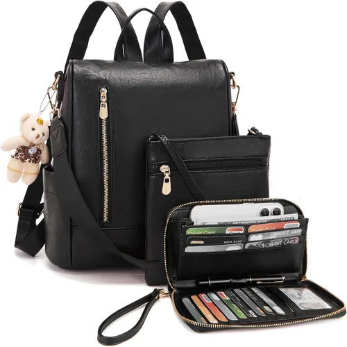 Miniatura 10 de Soperwillton Mochila de moda para mujer, bolso de hombro de cuero antirrobo, bolsa de viaje, múltiples bolsillos, cartera, juego de 3 piezas