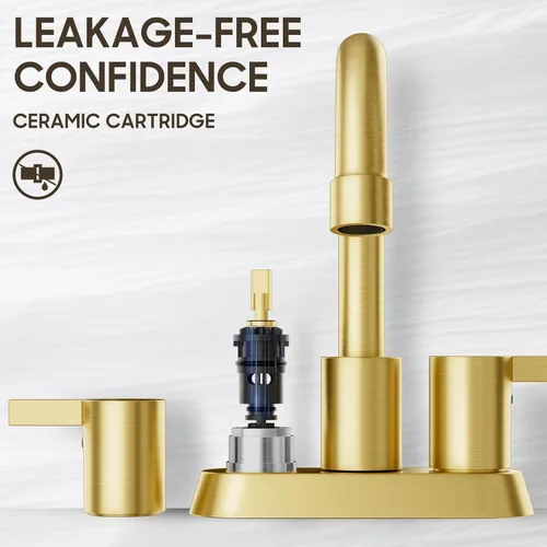 Miniatura 4 de Grifo de baño sin plomo de 4 pulgadas con 2 manijas de oro cepillado centrado, boquilla giratoria con drenaje emergente de cobre y 2 líneas