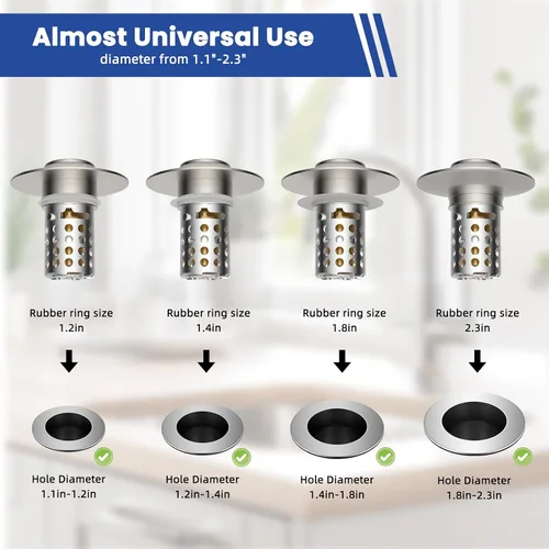 Miniatura 5 de Colador universal para desagüe de lavabo de baño atrapa cabellos, 2 piezas mejoradas con cesta de filtro de acero inoxidable extraíble, tapón
