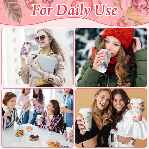 Miniatura 5 de Dandat 100 tazas de café desechables cristianas con tapas, tazas de papel de 16 onzas con texto en inglés "Floral Tea Scripture" a granel