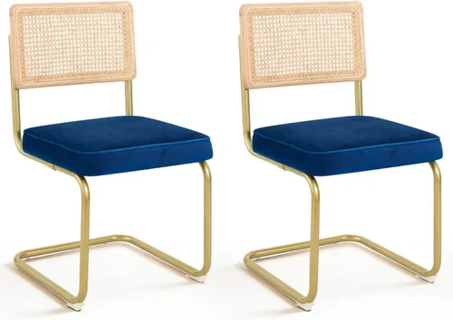 CangLong Juego de 2 sillas de comedor de terciopelo, sillas de comedor de ratán con patas de metal y respaldo de ratán de malla natural, sillas de