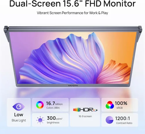 Miniatura 2 de ARZOPA Monitor portátil dual de 15.6 pulgadas para laptop, plegable, apilable, FHD 1080P, extensor IPS 100% sRGB, conectividad USB C y HDMI, soporte