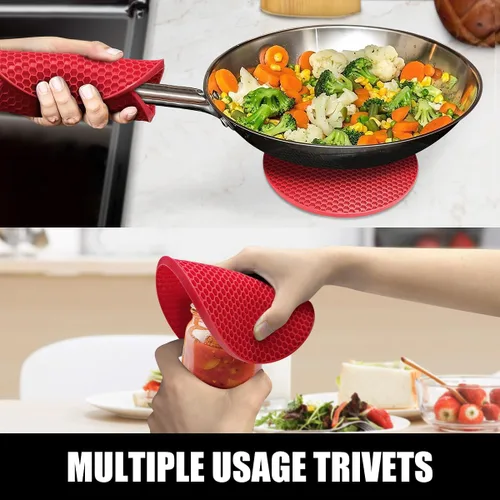 Miniatura 7 de Rorecay Juego de 6 manoplas y soportes para ollas para cocina, guantes de horno de silicona extra largos resistentes al calor de 500 grados, Rojo