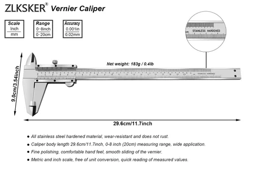 Miniatura 2 de Calibre Vernier micrómetro de 8 pulgadas/7.9 in, herramienta de medición de precisión de acero inoxidable (pulgadas/métrico), medición