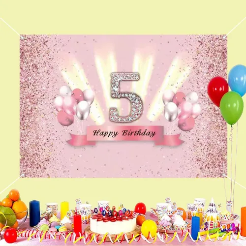 Miniatura 3 de Decoraciones de feliz cumpleaños 5 para niñas, pancarta de fondo para decoración de fiesta, póster de tela de aniversario, fondo de foto rosa