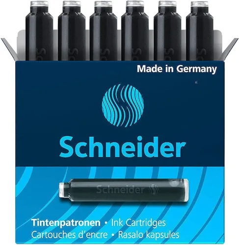Schneider Cartucho de Tinta, Formato Estándar, Cierre de Bola, Recambio para Plumas Estilográficas y Bolígrafos de Cartucho, Tinta Negra, Caja de 6
