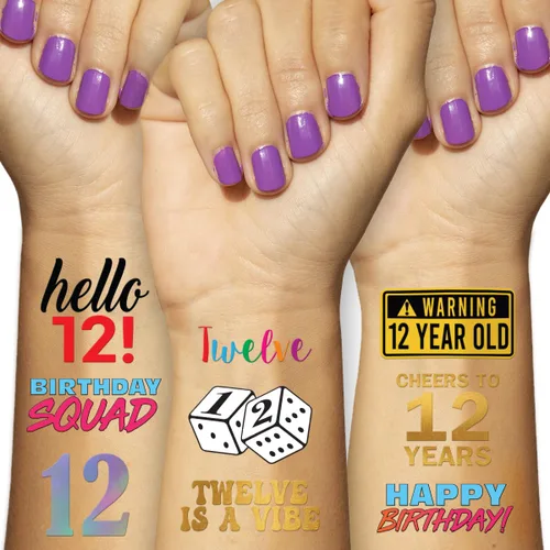 Miniatura 5 de Tatuajes temporales de cumpleaños número 12, 4 hojas, divertidos recuerdos de fiesta de cumpleaños para él o ella, suministros para fiestas