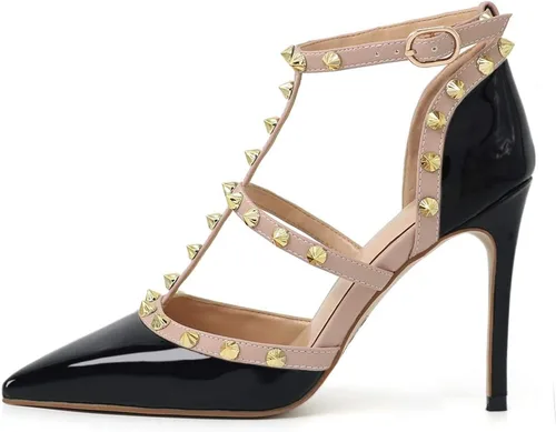 Eithy Sandalias de verano con tiras de tacón medio y alto para mujer, con puntera puntiaguda, para fiestas, uso diario, sandalias de noche, Oro