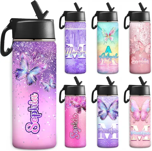 Miniatura 21 de Botella de agua personalizada, botella de agua deportiva personalizada con nombre, botella de acero inoxidable aislada al vacío con tapa