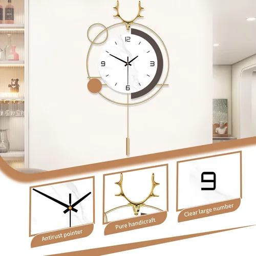 Miniatura 2 de Reloj de pared decorativo de cuarzo silencioso con péndulo, funciona con pilas, grande de 13 x 25 pulgadas para decoración de pared de sala de Dorado
