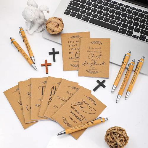 Miniatura 4 de Jutom Juego de 30 bolígrafos retráctiles de bambú para el Día del Padre, regalos cristianos y cuadernos de papel kraft con versículos bíblicos