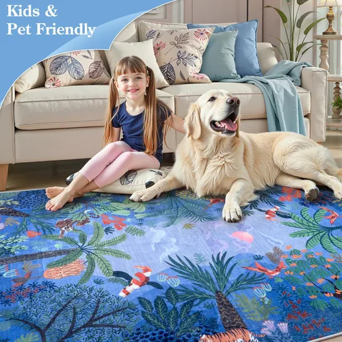 Miniatura 4 de LIVEBOX Alfombra lavable con estampado de animales de la jungla de 5 x 7 pies en azul para sala de estar, alfombras antideslizantes para dormitorio