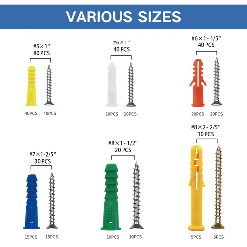 Miniatura 2 de Kit de anclajes y tornillos para paneles de yeso, 220 piezas, 110 anclajes de plástico, 110 tornillos de pared, incluye 6 anclajes de pared
