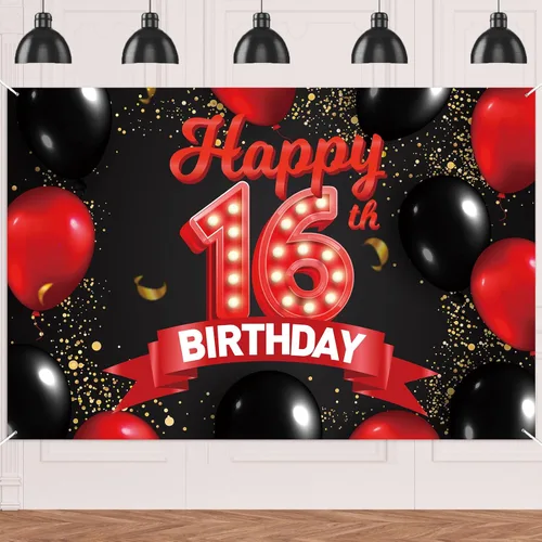 Miniatura 89 de Cartel de feliz cumpleaños 15 color rojo y negro, decoración temática de globos para niñas y mujeres, princesas de 15 años, fiesta de cumpleaños