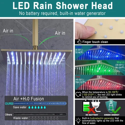 Miniatura 3 de Sistema de ducha de lluvia de oro cepillado, ducha de cuerpo completo Enga de 12 pulgadas con chorros corporales, juego combinado de ducha moderno