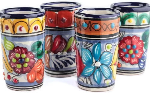 Juego de 4 vasos de chupito Talavera auténticos mexicanos para tequila - Pintados a mano - 2 Oz (Talavera colorida)