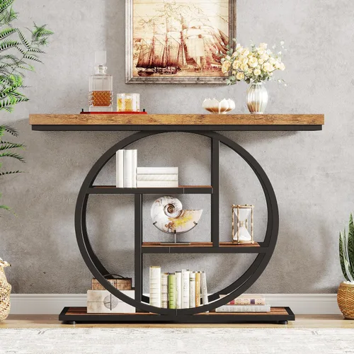 Miniatura 8 de Tribesigns Mesa de Consola de 41.3", Mesa Industrial de 4 Niveles para Sofá Mesa de Entrada con Base Circular, Mesas de Acento de Madera Estrechas