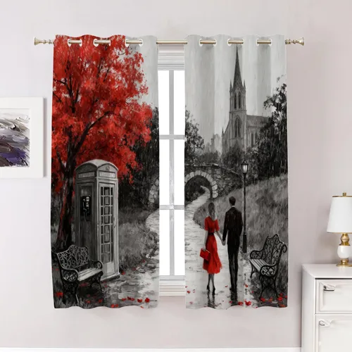 Miniatura 132 de Cortinas opacas de cocina con pintura al óleo de Europa rosa y negra para ventanas, cenefas opacas modernas de torre Eiffel de poliéster multicapa