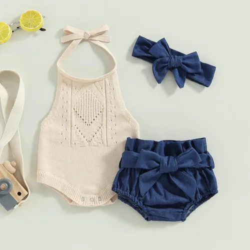 Miniatura 2 de Rtnnsbbfcm Ropa de verano para bebé recién nacida, sin mangas, cuello halter, mameluco floral con diadema de 3 piezas