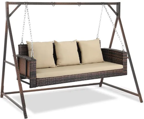 Miniatura 9 de VINGLI Columpio de mimbre para porche al aire libre con soporte, juego de ratán resistente de 800 libras con cojines, 4 pies para patio, jardín