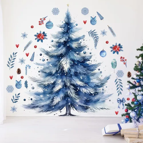 59x47 Pulgadas Adhesivos de Árbol de Navidad Azul Grande para Pared, Extraíbles DIY, Adhesivos de Árbol de Navidad Acuarela Gigantes para Baño,