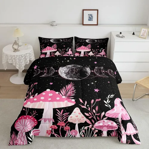 Miniatura 9 de Juego de edredón de champiñones para niños, tamaño individual, juego de ropa de cama romántica con sol, luna, cielo estrellado y galaxia, decoración