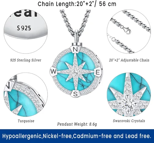 Miniatura 87 de Joyas de turquesa para mujeres y hombres de plata de ley 925 con colgante de urna para cenizas, collar con medallón de imagen, martillo de Thor