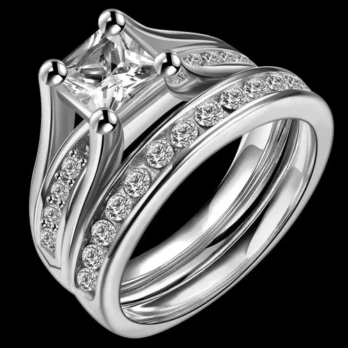 Miniatura 2 de Anillo de acero inoxidable de corte princesa, anillo de boda, compromiso, aniversario, propuesta, eternidad, halo