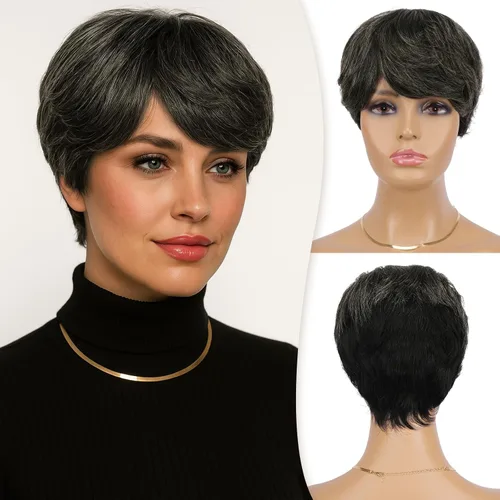 Miniatura 15 de RUWISS Peluca de cabello humano con corte Pixie, peluca de cabello humano con flequillo, peluca negra corta natural en capas, ondulada, diferentes