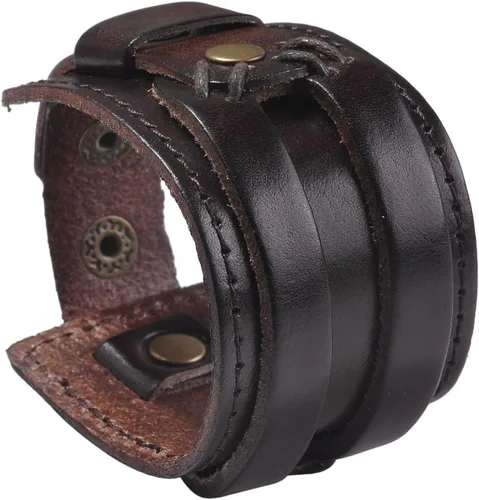 zysta Punk Gótico Mens Pulsera Piel auténtica Cuff Bangle pulsera 7.5"-8.5" Negro café Marrón