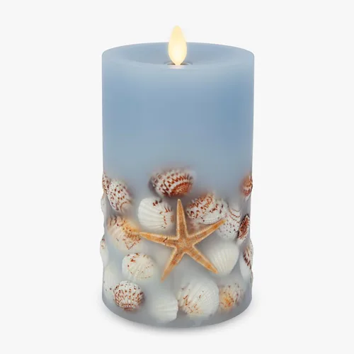 Miniatura 11 de Luminara Vela LED sin llama, de cambray suave, incrustada en concha y estrella de mar, pilar de llama móvil, cera real sin perfume con borde
