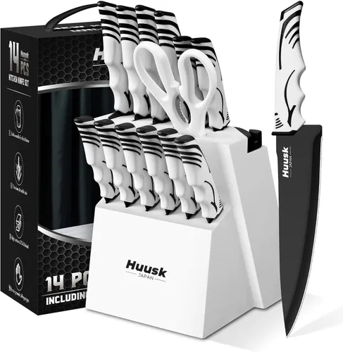Juego de bloque de cuchillos Huusk con afilador - Juego de cuchillos de cocina blancos con bloque de cuchillos de madera - Regalos ideales para casa
