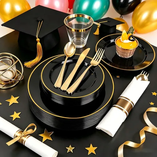 Miniatura 3 de SUT Juego de vajilla de plástico negro y dorado de 175 piezas para 25 invitados, incluye: 25 platos llanos, 25 platos de postre, 25 servilletas