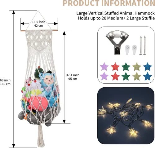 Miniatura 5 de Almacenamiento de animales de peluche jumbo de 63 pulgadas con luz LED de estrella, hamaca de juguete para colgar en la pared del techo sobre