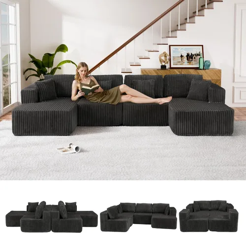 Miniatura 11 de Sofá cama modular en forma de U de 141.73 pulgadas, sofá de pana modular 6 en 1 con sensación suave como una nube, bolsa de almacenamiento