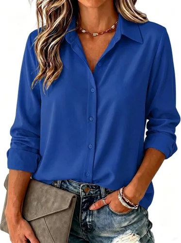 Miniatura 12 de Zeagoo Blusa para mujer, de manga larga, con botones, casual, ligera, lisa/estampada
