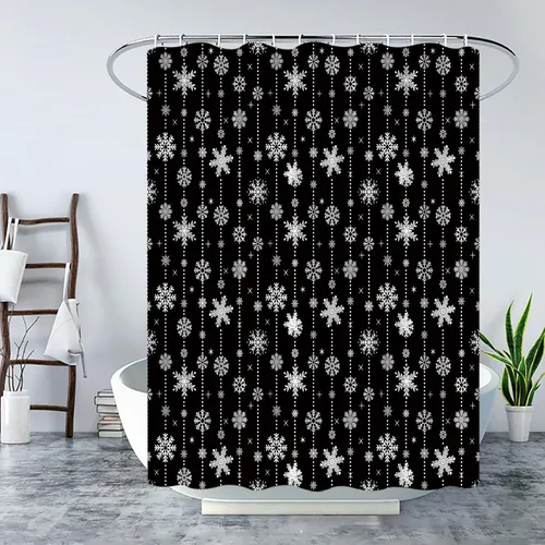 Miniatura 2 de Cortina de ducha de copo de nieve de Navidad, color negro y blanco, copo de nieve de invierno, vacaciones de invierno, feliz año nuevo, juego