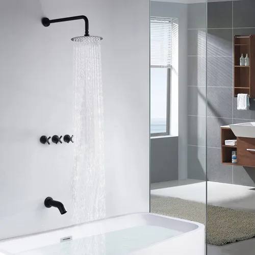 Miniatura 5 de Grifo de bañera y ducha de 3 manijas, juego de grifería de bañera negro mate con caño de cascada para bañera, kit de molduras de bañera y ducha