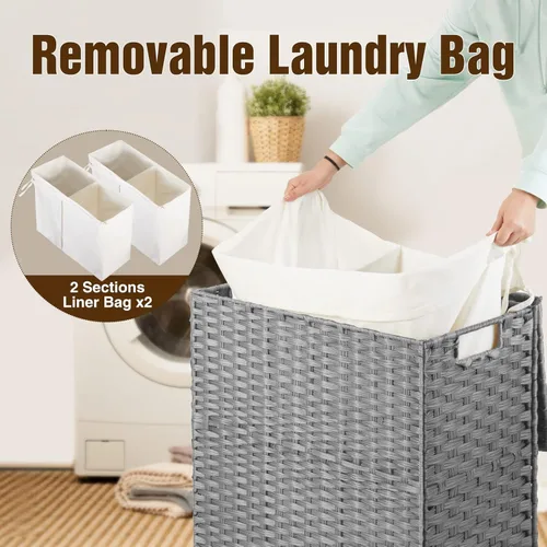 Miniatura 7 de Greenstell Cesta para la ropa sucia con 2 bolsas de forro extraíbles – Cesta de ropa dividida de 90 L, cesta de lavandería plegable de ratán Gris