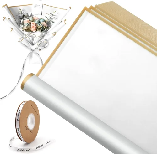 Miniatura 7 de XHKDSYMC 20 hojas de papel de regalo de flores azul real, 22.24 x 22.24 pulgadas, papel de regalo de ramo floral, borde dorado, impermeable, con 1