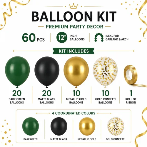 Miniatura 4 de Isndare Globos Negros, Dorados y Verdes para Decoraciones de Fiesta de Graduación 60 Piezas 30.5CM Globos Negros, Dorados y Verdes Metálicos Negro